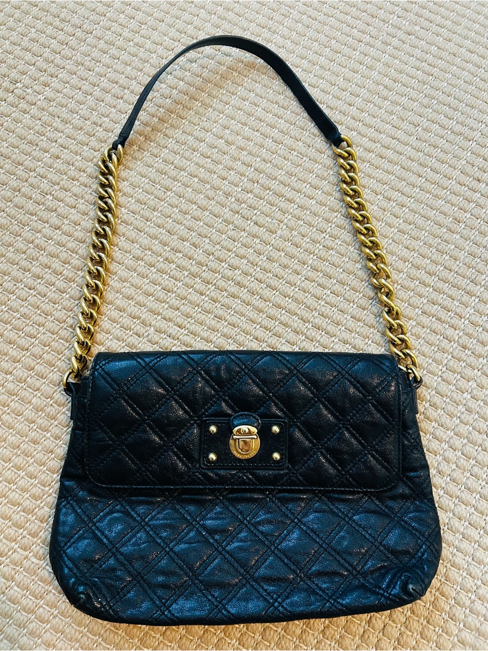 Marc Jacobs Black Leather Quilted Shoulder Bag with Gold Chain Strap